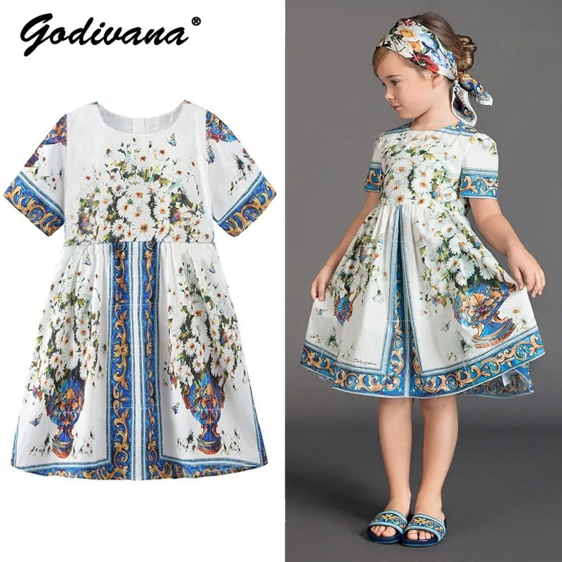 2026 Spring and Summer New Elegant Royal Court Style Baby Girls Dress Sweet Print High Waist Mid-sleeve A-line Princess Dress
