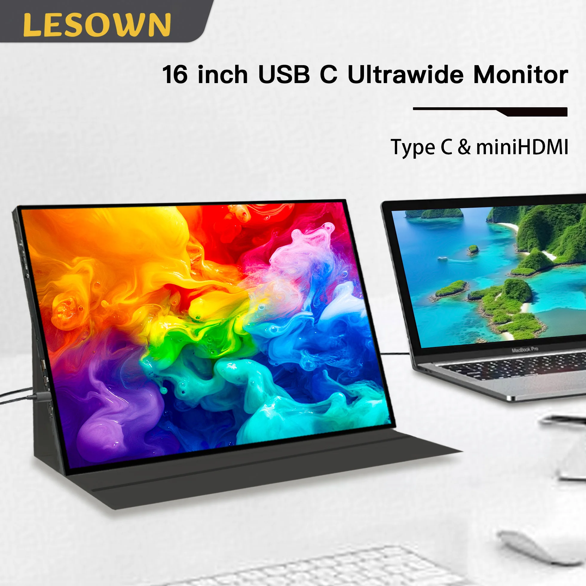 

LESOWN 16 "портативный вспомогательный монитор 2560x1600 IPS с питанием от USB-C, внешний дисплей для игровых консолей и мобильных устройств для ноутбуков