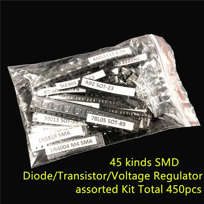 45 kinds of commonly used SMD Diode Transistor Voltage Regulator Total 450pcs mix Electronic component assorted Kit