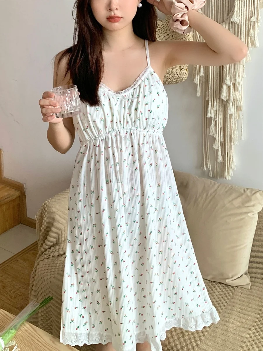 

Pure Cotton Lace Trim Chemise Nightgown Women's Summer 2024 New Floral Print Dress Sleepwear with Chest Pad Knot