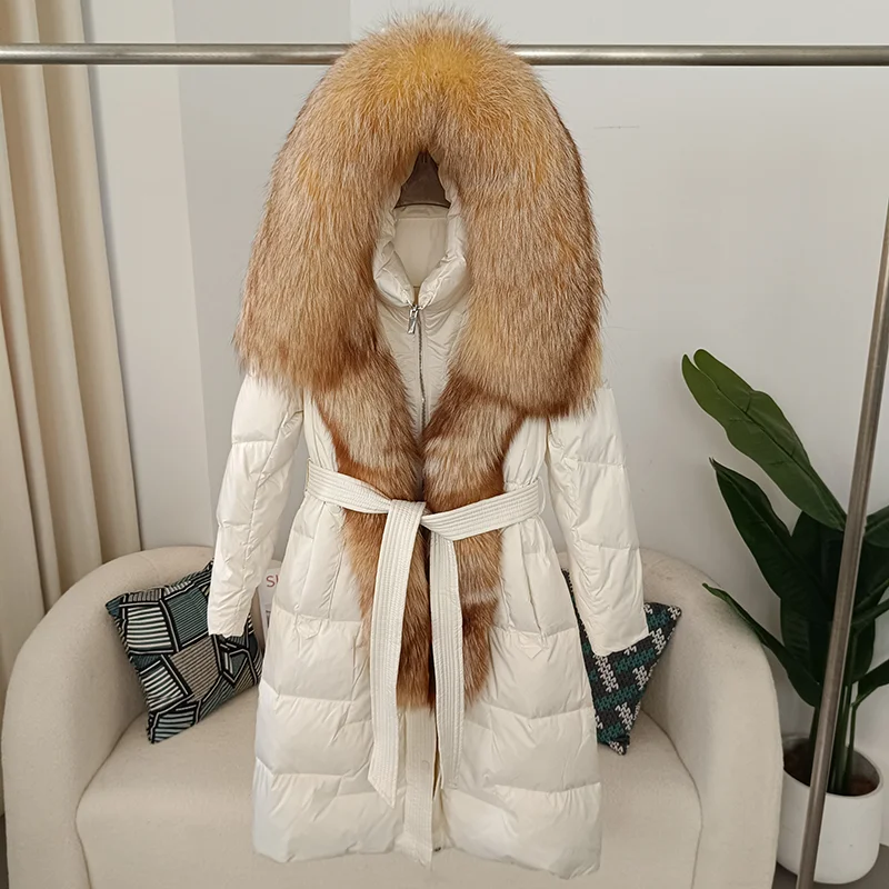 2023 New Real Fox Fur Collar Winter Women White Duck Down Long Jacket Belt Female Thick Warm Coat Luxury Slim Hooded Outerwear