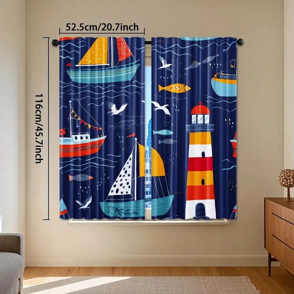 2pcs, Elegant Nautical Boat House Fish Seagull Print Curtains Light Filtering Rod Pocket Design For Bedroom Living Room Office
