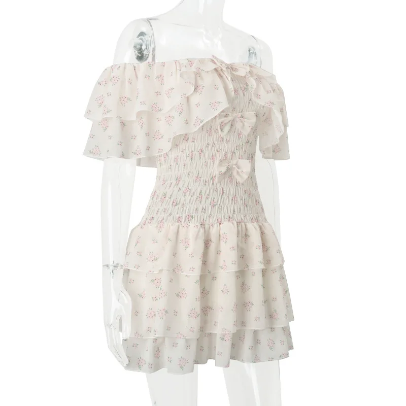 INSサマーファッション レディース セクシー オフショルダー ミニドレス プリント スイートボウ ショートドレス シルクケーキシャツ コケテル カジュアル Y2K服