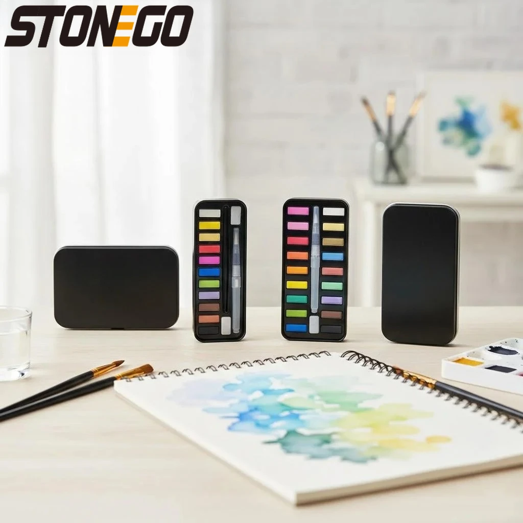 

Набор акварельных красок STONEGO, 12/18/24 цвета, портативный металлический футляр с кистями для акварели, профессиональные художественные принадлежности для школы и детей