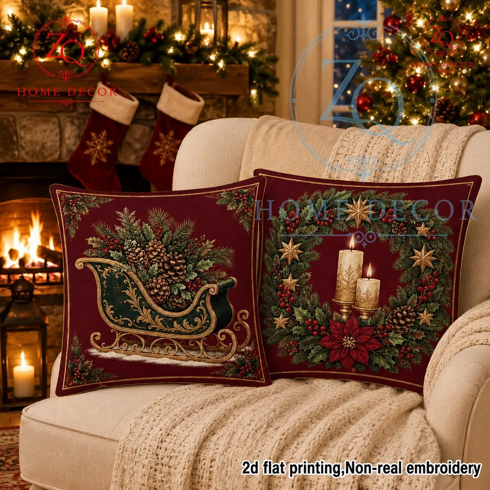 Christmasthemed vintage decorive pillowcase burgundy Europeanstyle sleigh wreh print festive home decor cushion cover.