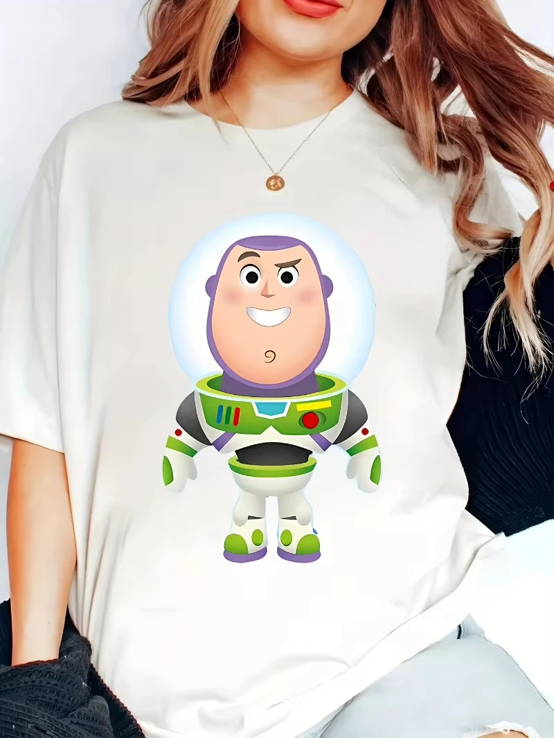 

Disney Women's Buzz Lightyear Pattern T-shirt Short Sleeve Round Neck Casual Top Summer Cartoon Character Short Sleeve Top