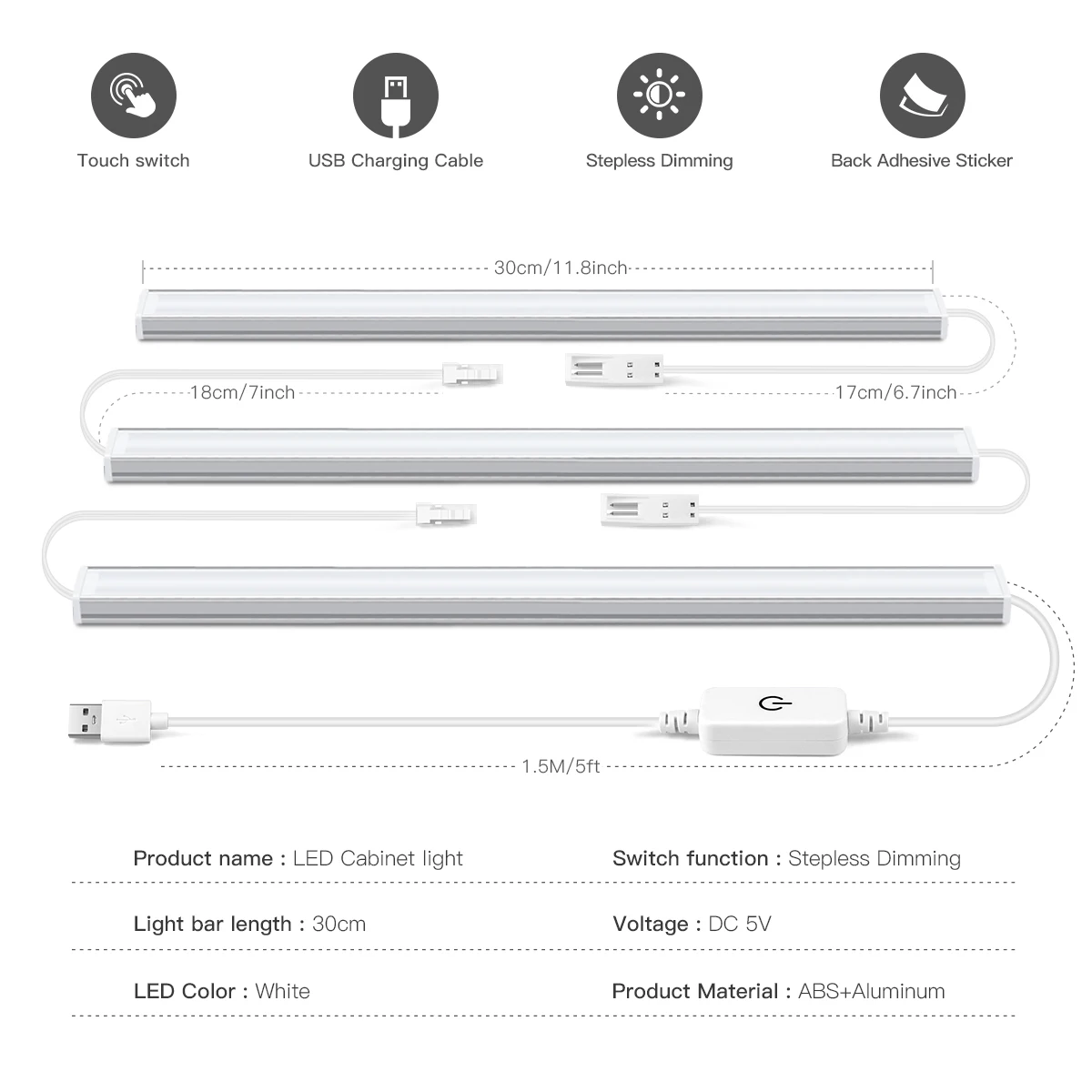 5V USB Cabinet Light Stepless Dimming Touch Switch 30cm LED Tube Night Lighting for Kitchen Wardrobe Work Room Shoe Closet
