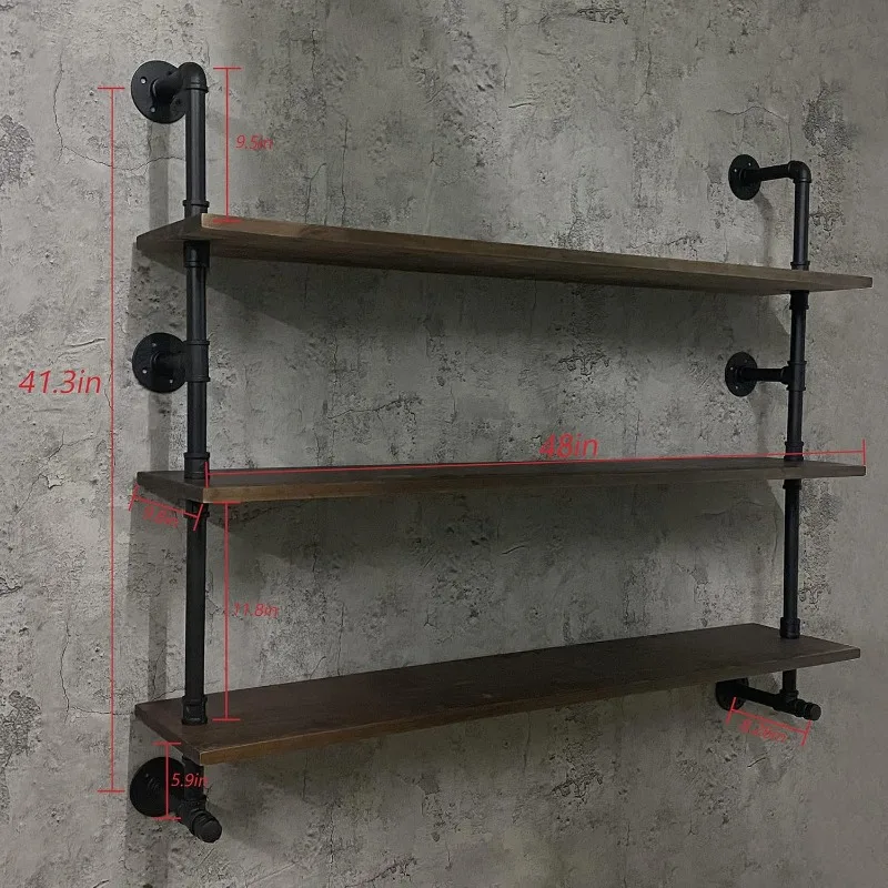 Industrial Pipe Wall Shelves Pipe Shelving ,48 Inches Floating Shelves for Wall Farmhouse Pipe Book Shelves Dark Brown 3 Tier