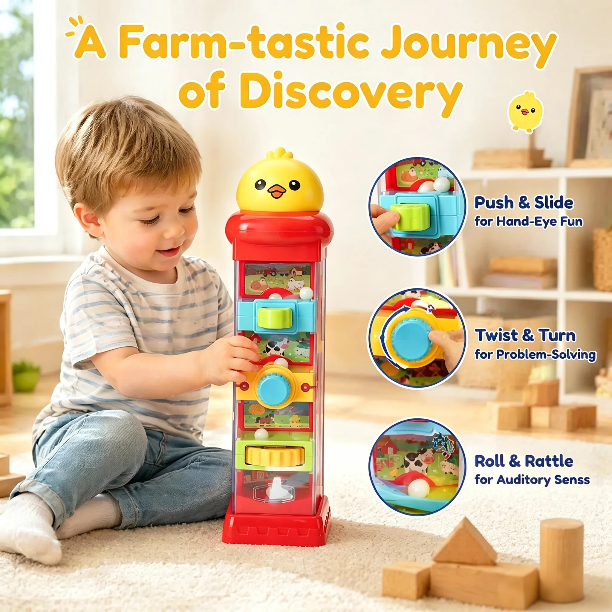 Let’s Farm! Adorable Chick Activity Tower – 4 Fun Ways to Play (Push, Slide, Twist, Rattle) – Keeps Toddlers Entertained & Learn