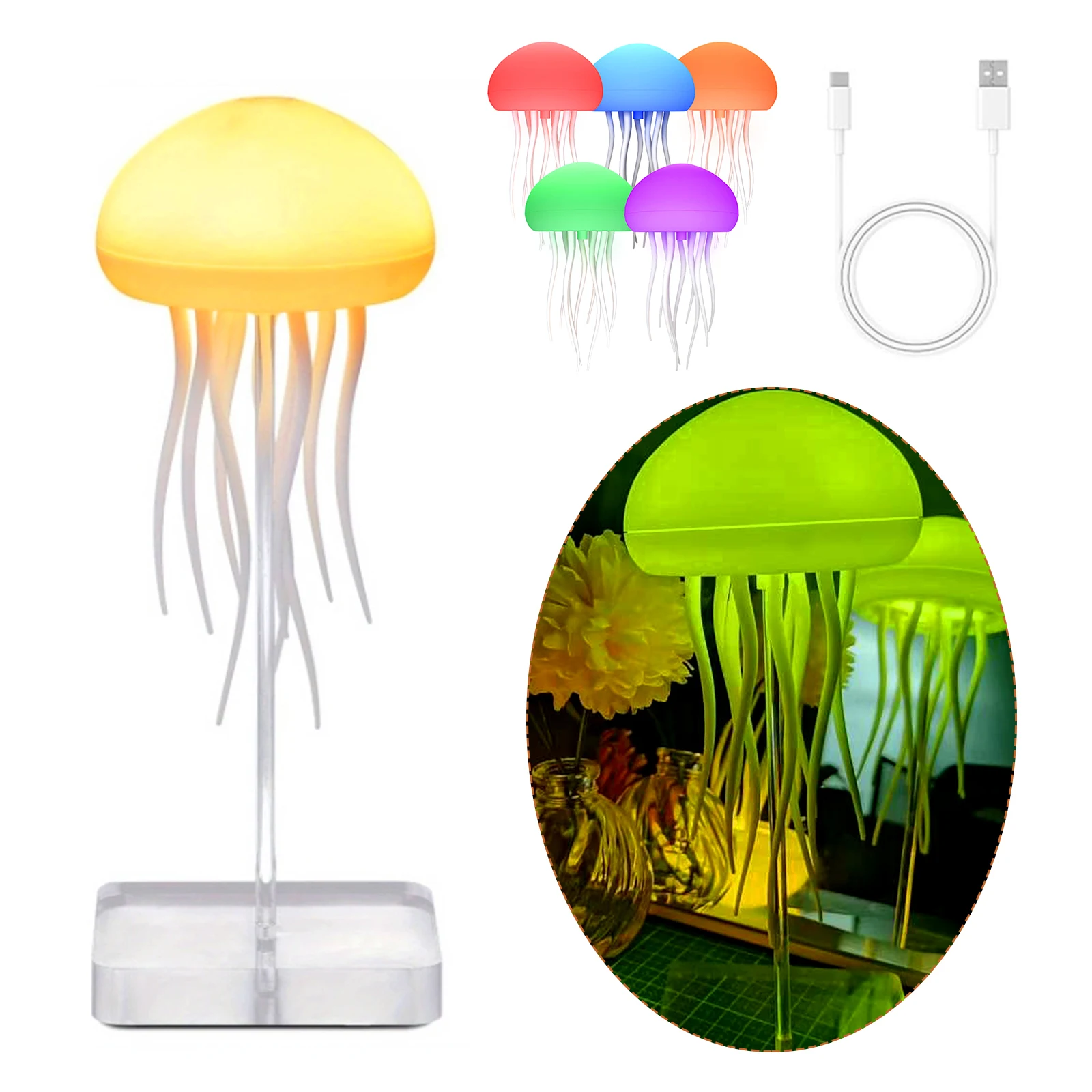 

LED Gradient Jelly Fish Light RGB Cute Jellyfish Desk Lamp Rechargeable Ambient Night Light for Bedrooms Living Room