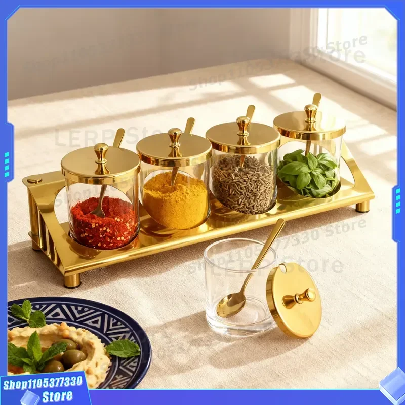 300ml Luxury Turkish Glass Sugar Jar Set With Gold 304 Stainless Steel Spoon Elegant Metal Container For Kitchen Home Decor