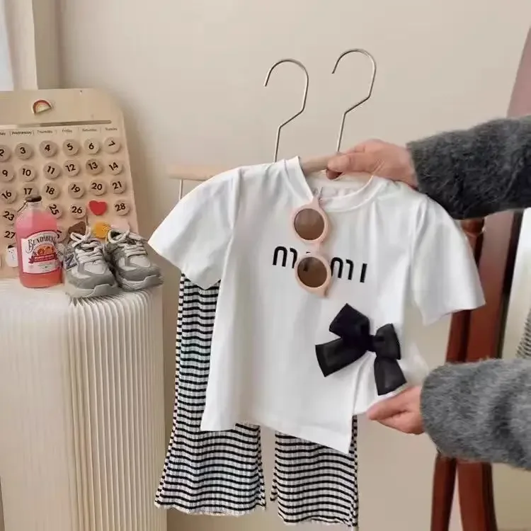 New Girls T-shirt Cotton Short Sleeve Tees Summer Kids Bow Top Sweet Slit Children Beaded T-shirts for Teenage Girls