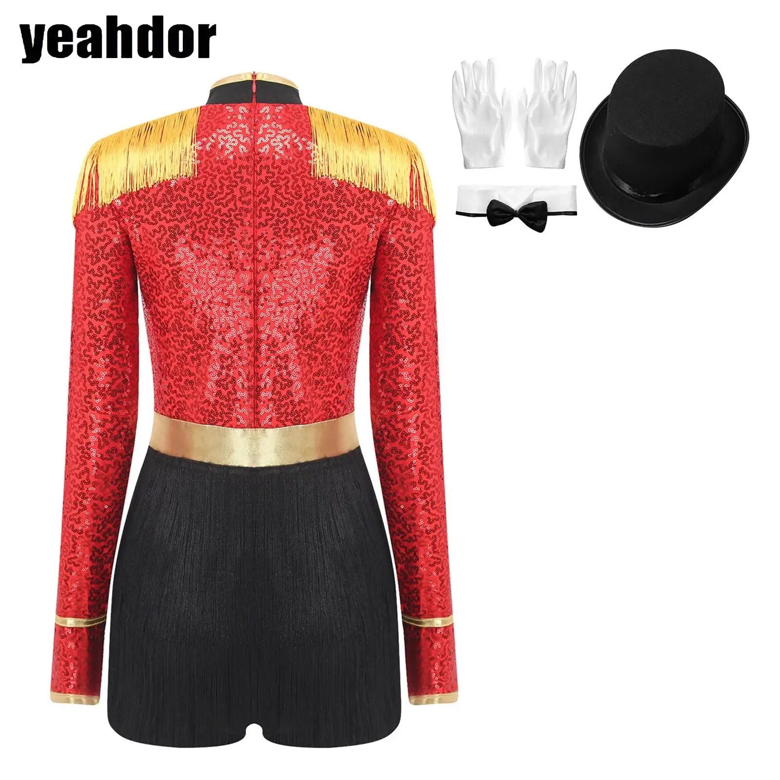 

Women Circus Ringmaster Cosplay Costume Long Sleeve Fringe Bodysuit Dress Magician Halloween Theme Party Carnival Performance