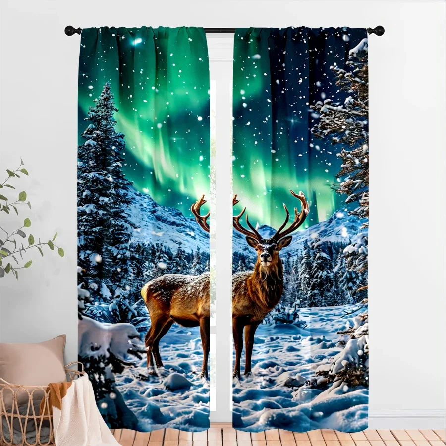 Magical Aurora Borealis Forest Deer Scene Curtain for Bedroom Living Room Home Decor Window Treatment