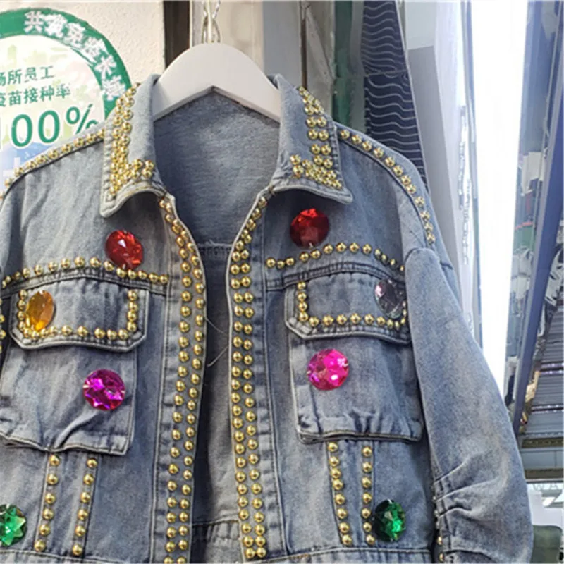 Heavy Work Rivet Diamonds Big Pocket Denim Jackets Women Casual Cowboy Outerwear Chaqueta Mujer Loose Short Jeans Jacket Female