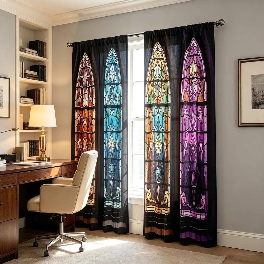2PCS Colorful Gothic Arch Stained Glass Print Curtains, Vintage Church Window Art Semi Sheer Drapes, Unique Art Decor Curtain