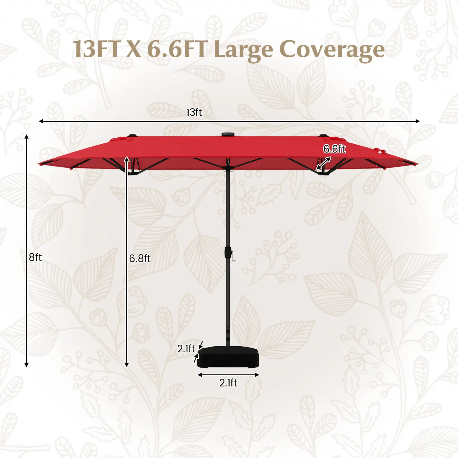 13FT Double-sided Patio Umbrella w/ Solar Lights Crank Handle Umbrella Base