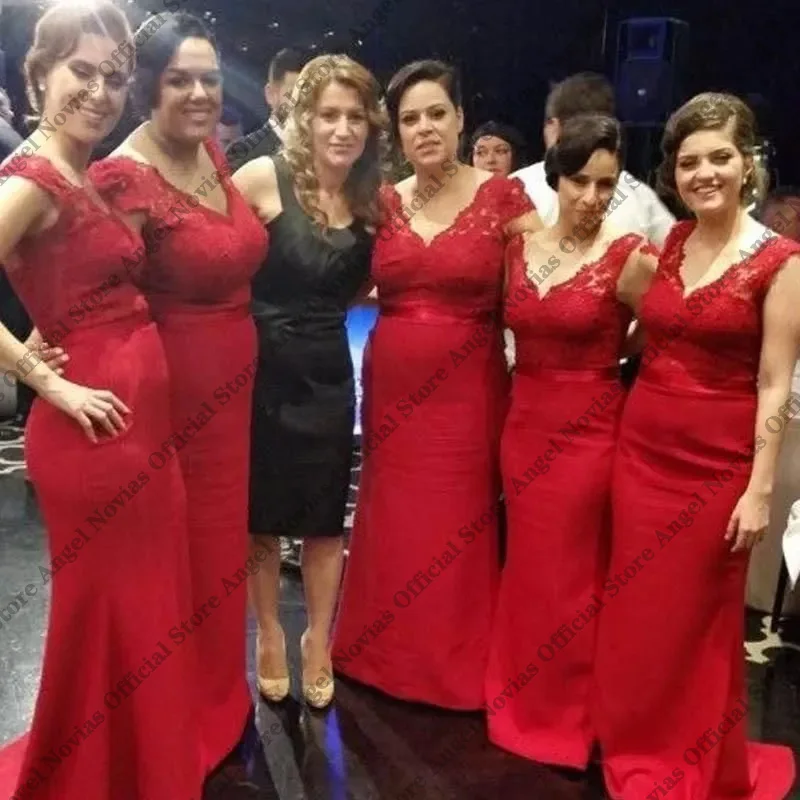 Vestidos de dama de honor personalizados con escote en V, color rojo sirena, 2026, con cordones, para fiesta de bodas, robe demoiselle d'honneur