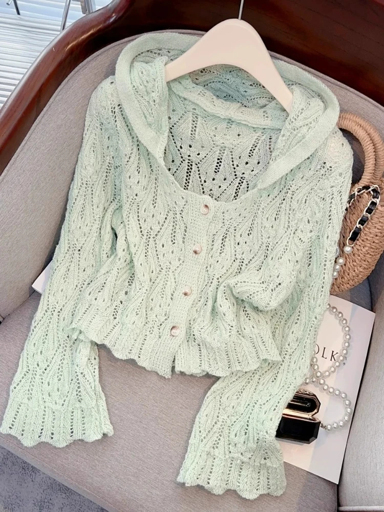Casual All Match Thin Cardigan Hooded Flare Sleeve Solid Color Hollow Out Sweaters Spring Simple Knit Crop Tops Women's Clothing