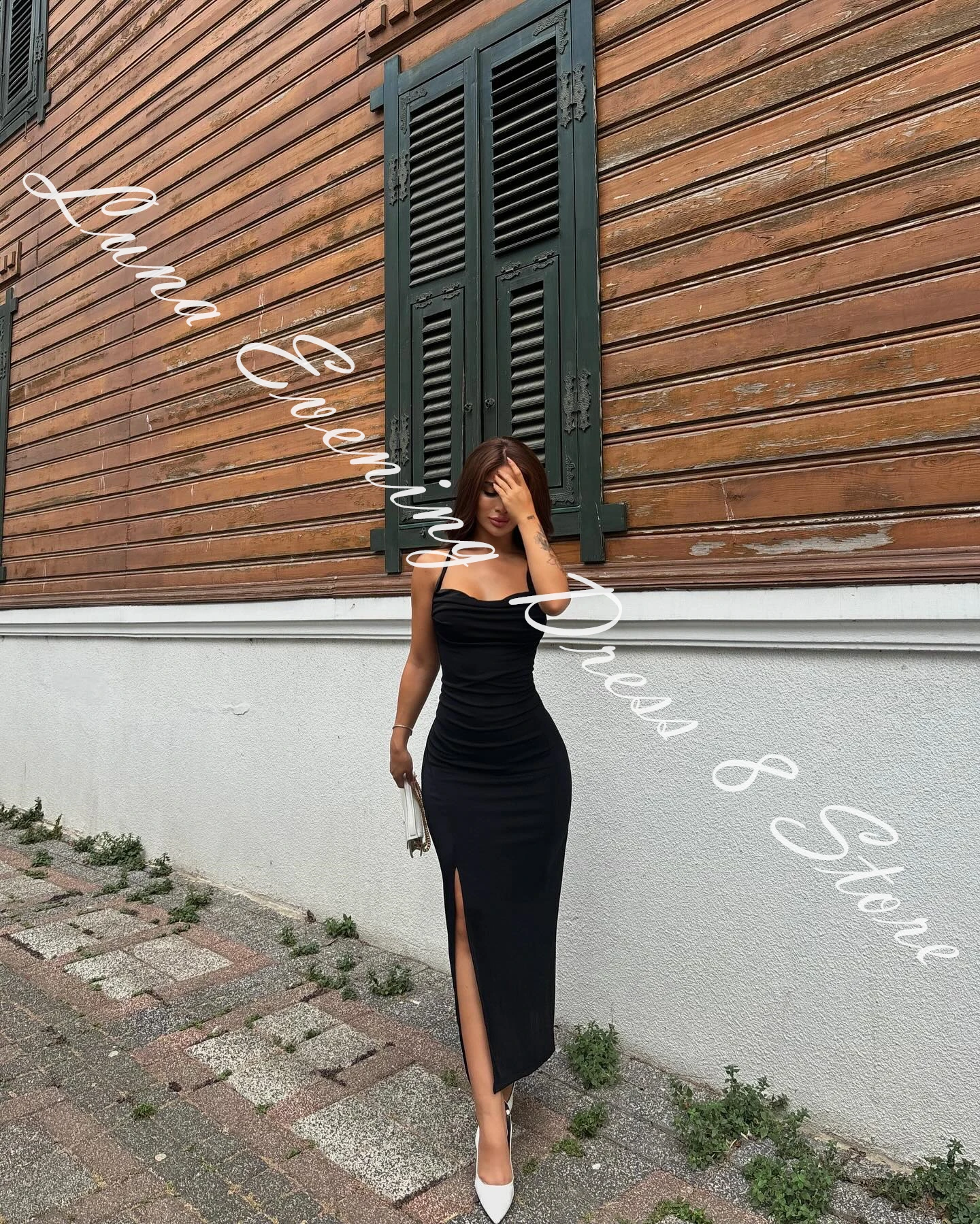 Customized Jersey Straight Spaghetti Straps Evening Dress Strapless Ankle Length Side Slit Sleeveless Black Vestidos de fiesta