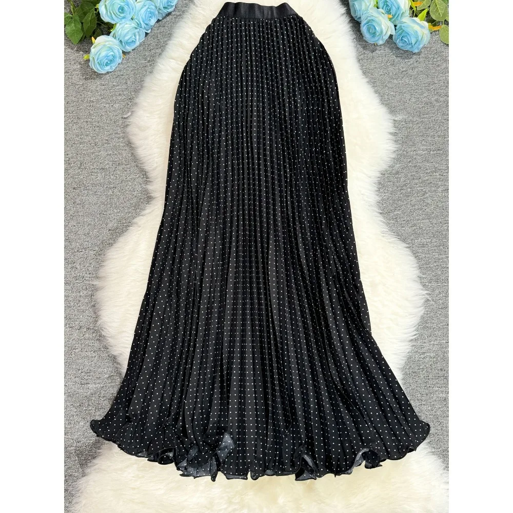 Ladies Elegant Pleated Skirt Vintage A-Line Long Skirts High Waist Slimming Saias Fashion Dots Skirt Women Clothing Ropa Mujer