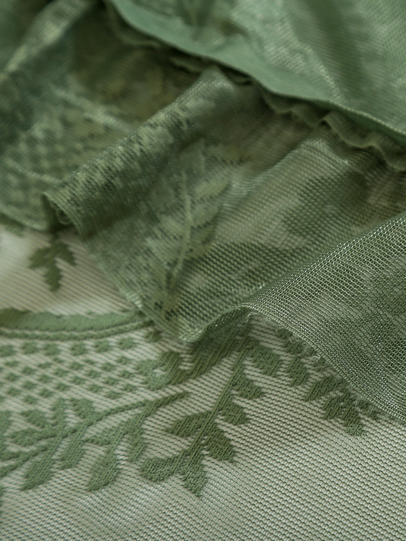 Green Lace Curtains 84 Inches Long 1 Panels Set, Boho Sheer Florals Scallop Ruffle, Shabby Chic Vintage Window Treatment Pair