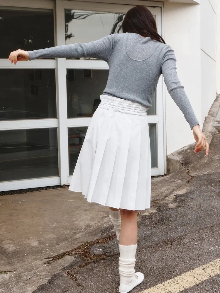 00% algodón puro cintura alta plisada viajero versátil adelgazante f falda coreana Sle Midi falda plisada con cinturón