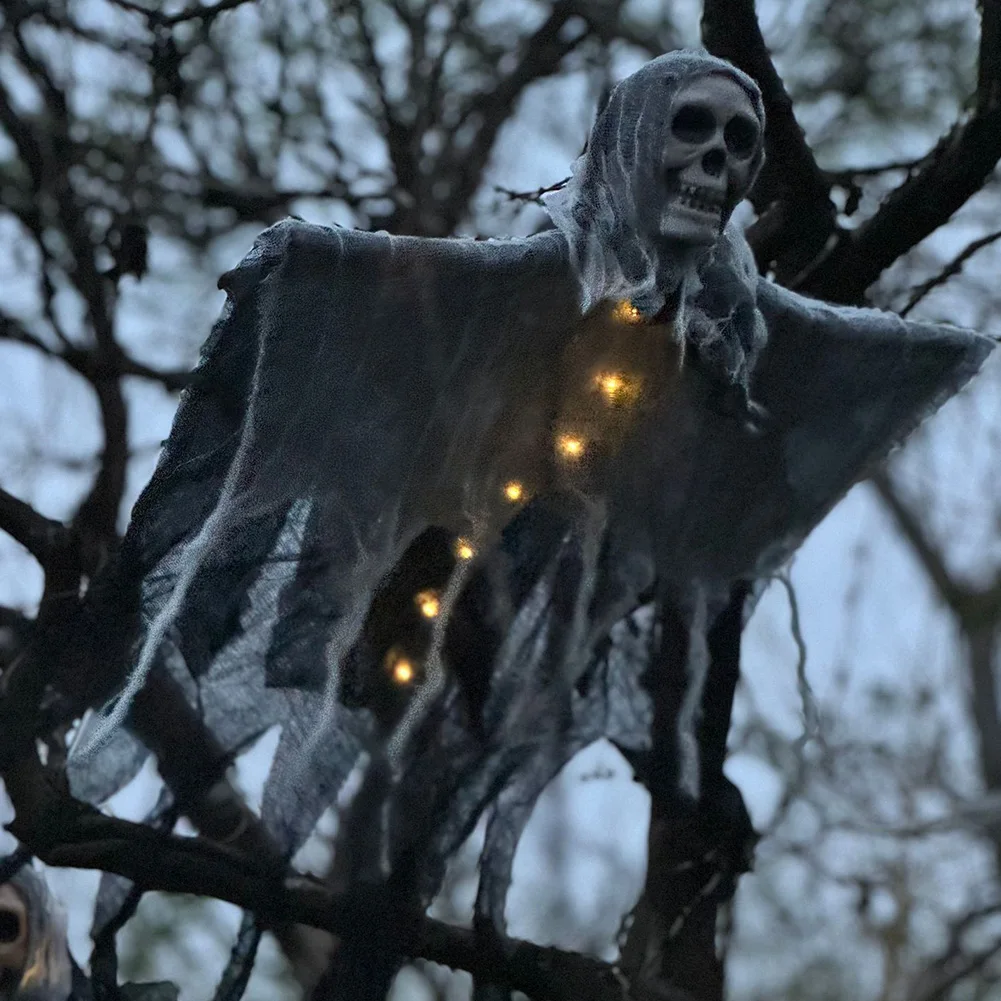 Fantasma scheletro appeso con luci a LED Grim Reapers Patio Portico Teschio Prop per la decorazione della festa di Halloween della casa stregata