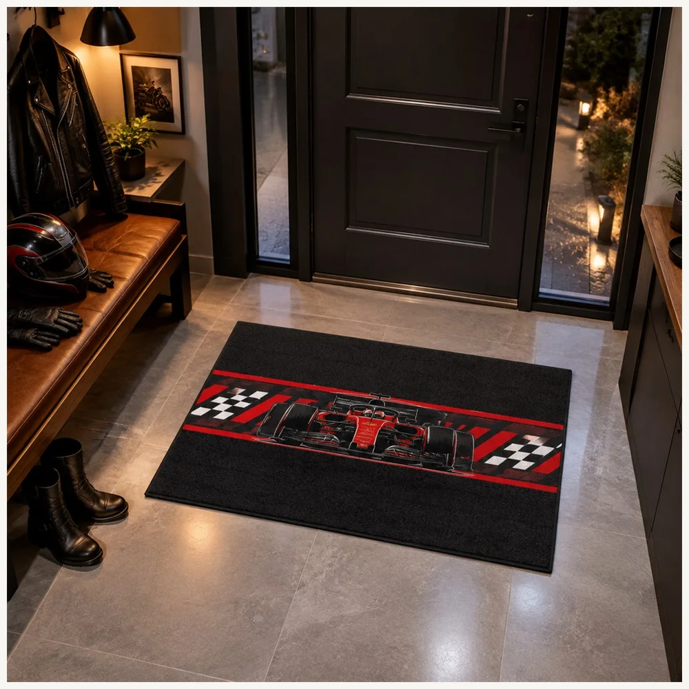 VIKAMA Racing Track Black Red Formula Race Car Flannel Door Mat, Soft Flannel Non-Slip Mat, Garage Decor for Front Door, Kitchen