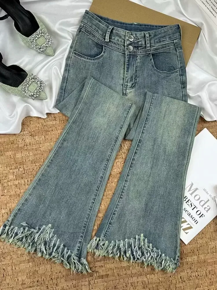 Wijde pijpen hoog getailleerde jeans met franjes dames casual Koreaanse mode slanke vaqueros knoppen vintage streetwear bootcut denim broek