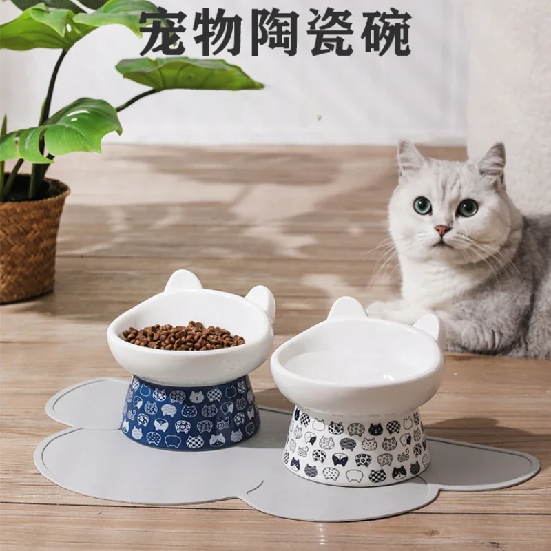 Cat bowl ceramic high foot protection cervical spine anti-knock  food  drinking water double bowl dog basin