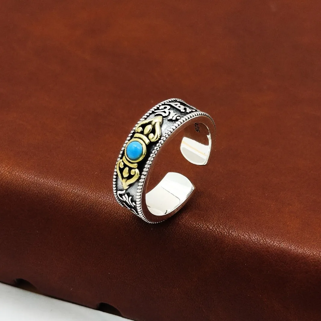 

S925 sterling silver men's and women's jewelry retro thai silver vajra fashion trendy couple blue turquoise ring