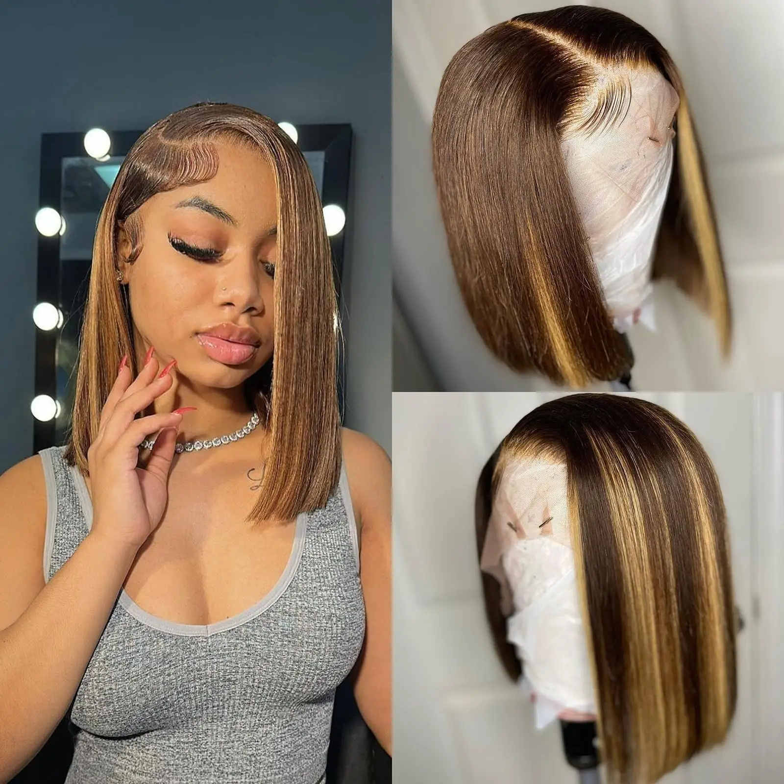

Highlight Straight Wigs Human Hair 4/27 Color Bob 13X4 Lace 180% Density 100% Human Hair Quality Pure Brazilian Hair 8-16 Inch