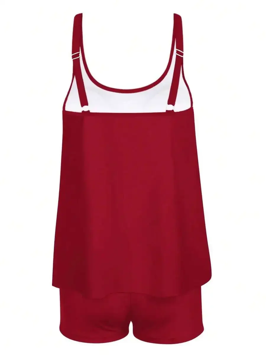 Womens Red Two-Piece Tankini Set Casual Vacation Style Stretchy Slim Fit