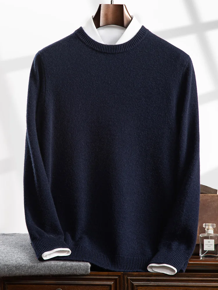 Luxury 100% Goat Cashmere Men's Round Collar Sweaters For Autumn Winter Warm Solid Cashmere Knitwear Smart Casual Pullovers