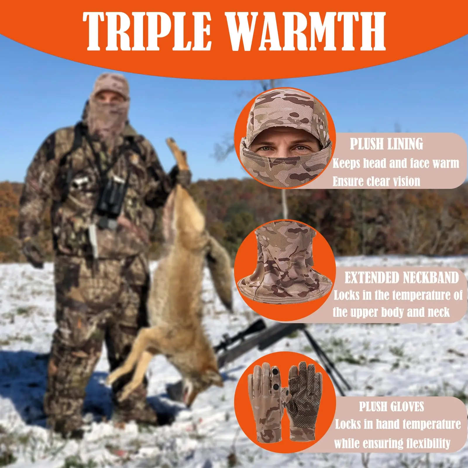 2 Pcs Plush Warm Camo Hunting Mask And Gloves for Men&Women, Camouflage Tactical Balaclava Face Mask,Anti-Slip Warm Camo Glove