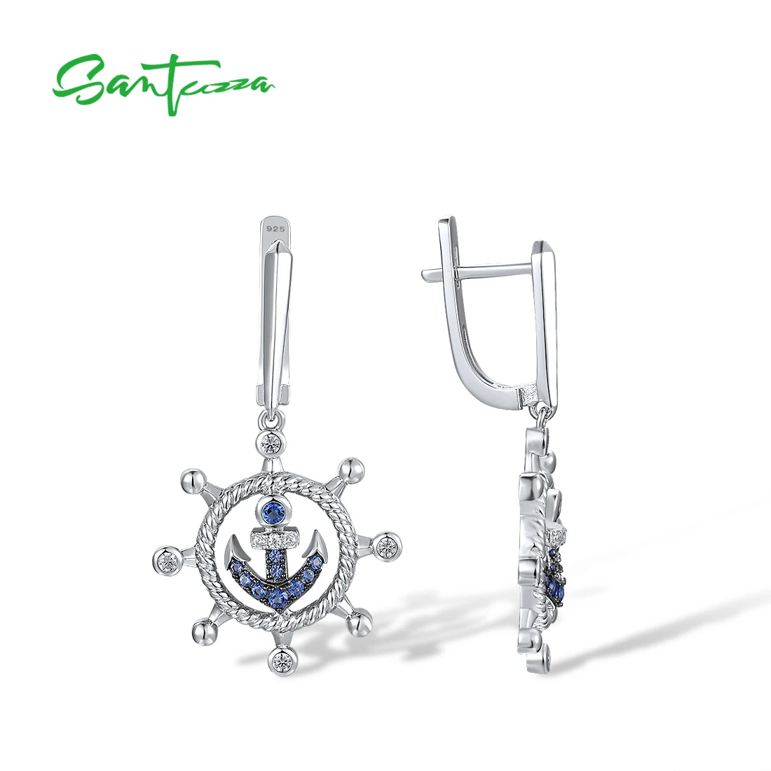 SANTUZZA Pure 925 Sterling Silver Earrings For Women Blue Nano White Cubic Zirconia Unique Rudder Anchor Trendy Fine Jewelry