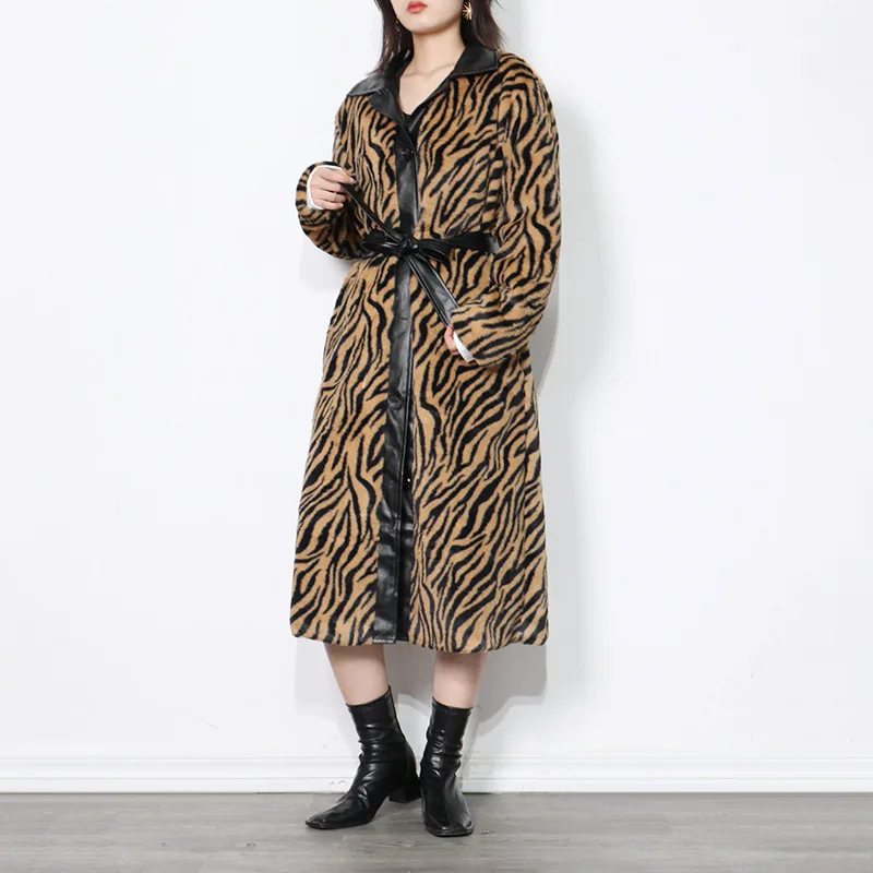 Cortavientos de longitud media para mujer de estilo coreano, prendas de vestir con estampado de cebra Animal, abrigo largo suelto ajustado con cinturón