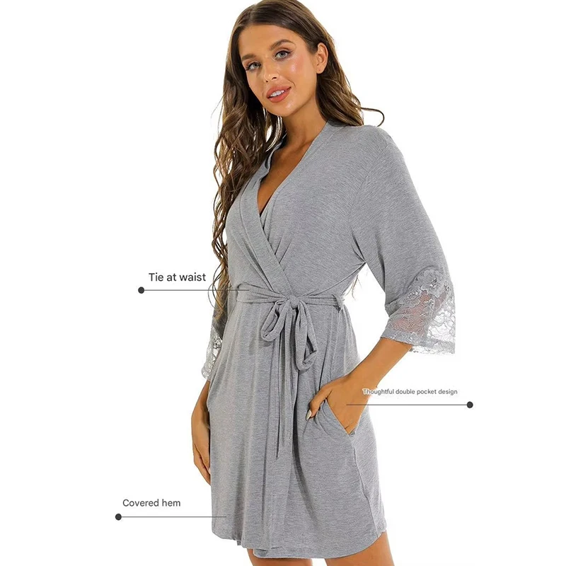Women Plus Size  Loose Lace Trim Loungewear Nightgown Sexy Lace Cuffs Nightwear Lace-Up Bathrobe Women's Loose Casual Home Wear