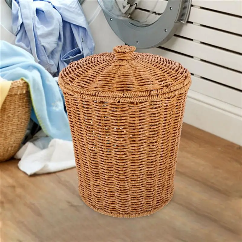 Imagem -05 - Multi-function Round Rattan Trash Can Cesta de Armazenamento Wastebasket de Plástico para Lavanderia Cabaz de Roupas Cesta de Resíduos de Vime para Quarto