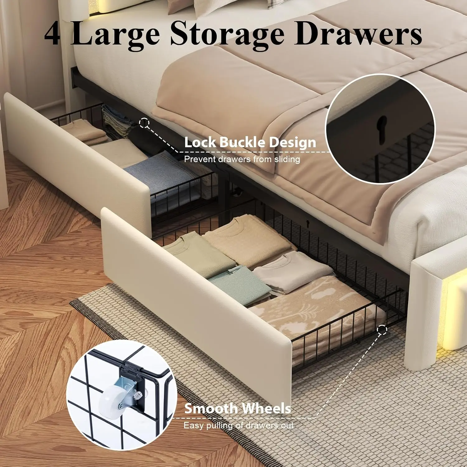 Queen Bed Frame with Charging Station, Storage Drawers, Upholstered White | Platform Bed with LED Lights, PU, Customized image 4
