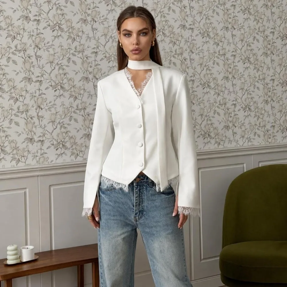 V Neck Women Lace Blazer White Tone Waist Taper Ladies Suit Jacket Fall Season Lace Weave Formal Coat Casual Gathering