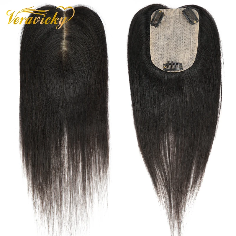 Veravicky 100% Real Remy 7*10cm With 2clips Silk Base Natural Human Hair Topper Hair With Clip Extensions Black And Brown Colors