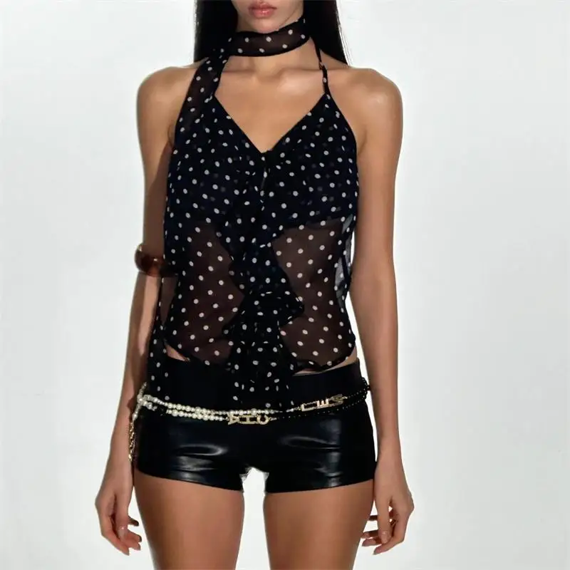 

Летний тонкий жилет на бретельках, сексуальный женский топ без рукавов с v-образным вырезом и лентой, женский однотонный черный укороченный топ в горошек Y2k