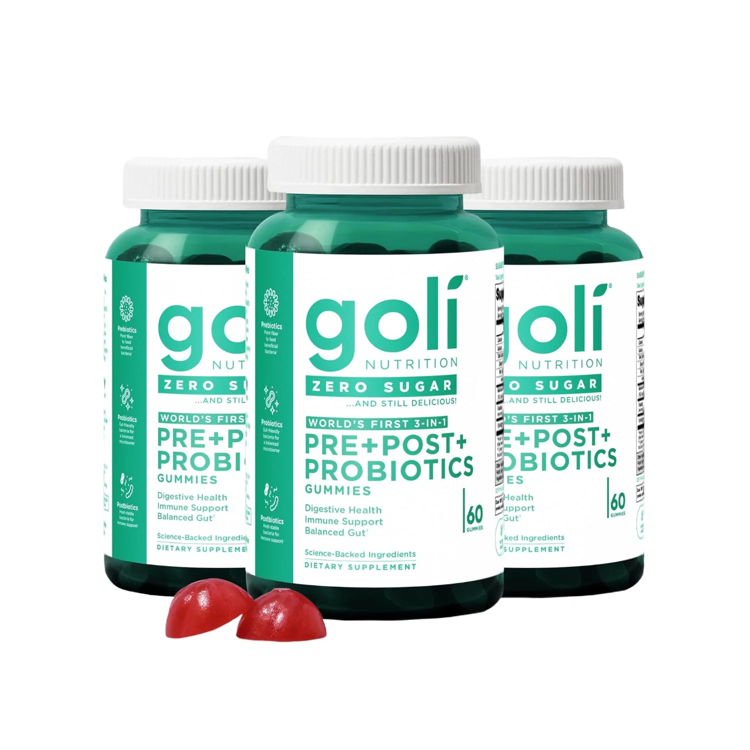 JP Zero Sugar Pre، Post، Probiotic Gummies. العالم الأول 3 في 1 خالي من الغلوتين، نباتي، غير وراثيًا، وخالي من الجيلاتين.