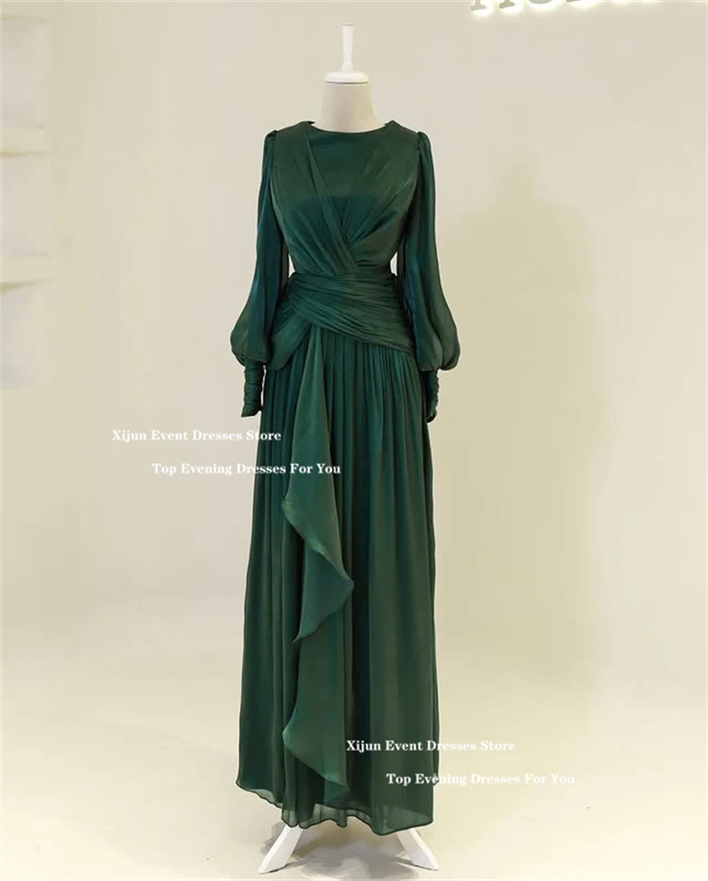 Xijun Modest Long Evening Dresses Luxury long Sleeves Pleats A-Line Prom Gown Silk Satin Formal Occasion Prom Dresses Customized