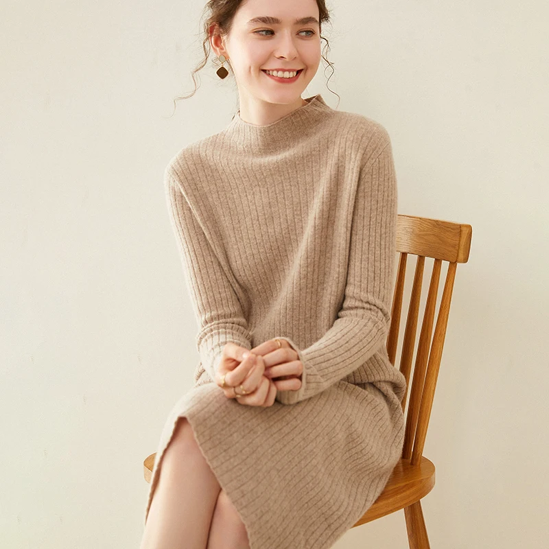 

Knitted Dresses Women Winter Cashmere Skirts For Half High Neck Women Cashmere Sweater Wool Dress Women Winter Youth Women Tops