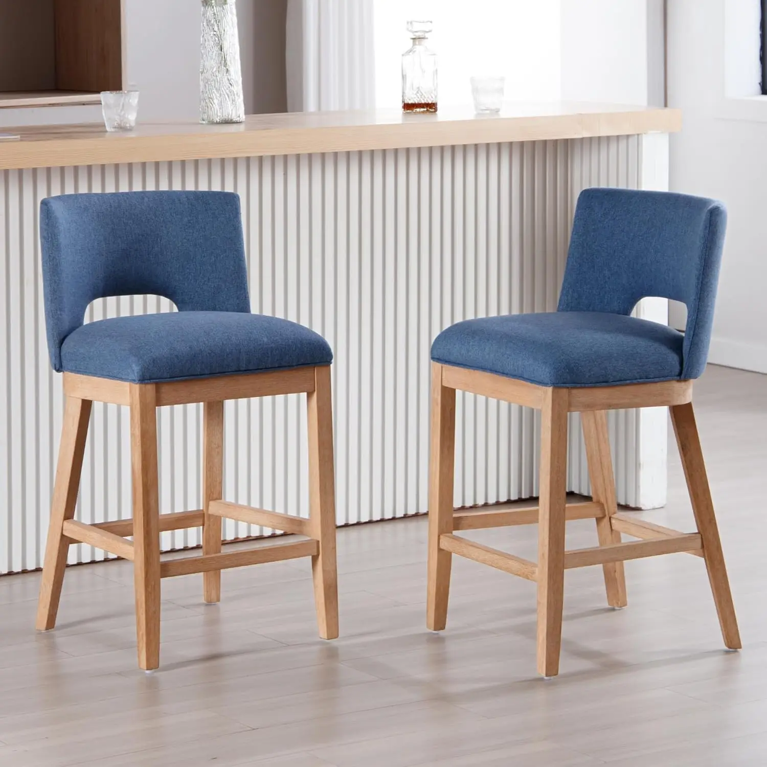 

26in Padded Bar Stools Set of 2 Armless Wood Back Legs Linen Fabric Kitchen Counter Island Blue Customized