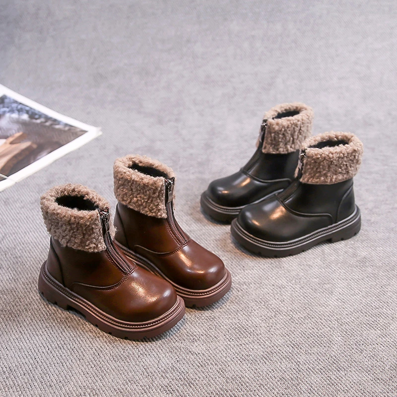 

Girls Ankle Boots British Style Children Fashion Leather Boots Thick Bottom Front Zipper Kids Mid-Calf Short Boots Soft Soles