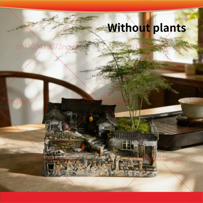 Chinese Style Micro Landscape Bonsai Ornament Retro House Figurine for Balcony Courtyard Tea Table Water Scene Decor Gift
